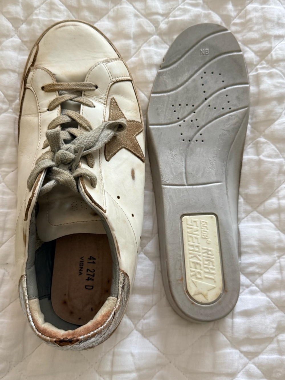 Golden Goose Superstar Sneakers White Taupe Star Distressed Leather 41 Italy - Picture 3 of 15
